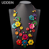 Bohemian Maxi Necklace Wood Tassel Pendant Statement Choker Flower Collar