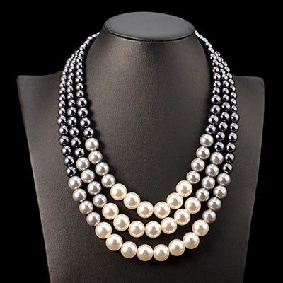 Ethnic Simulated Pearl Layered Bib Necklace