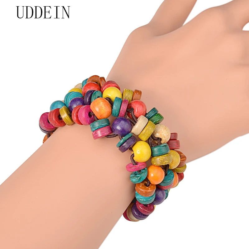 Wood Charms Bracelet Layer Bib Beads Wood Jewelry Vintage Statement Bohemian