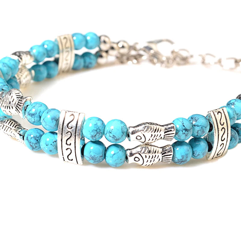 Boho Fish Drop Green Stone Bracelet Vintage Jewelry