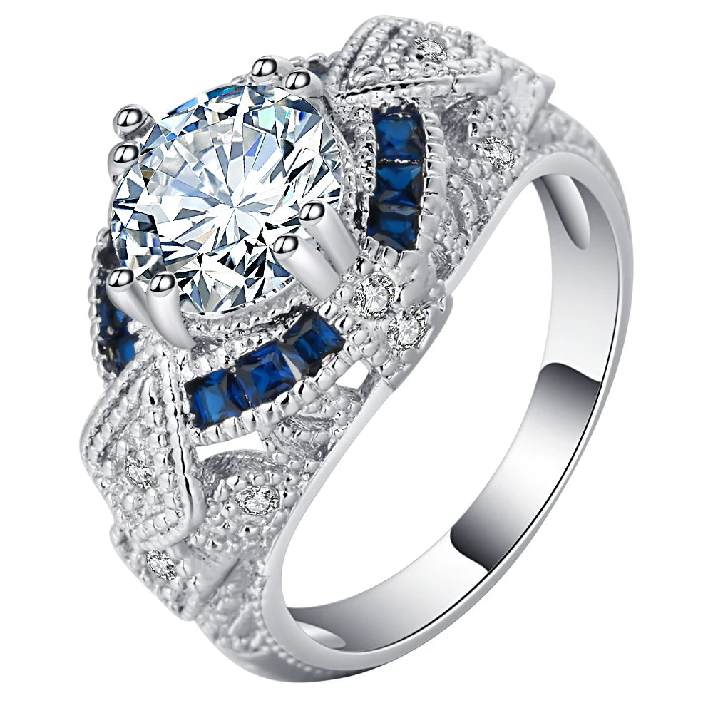 Silver Bridal Set Ring with Micro Zircon Crystals Size 6-10