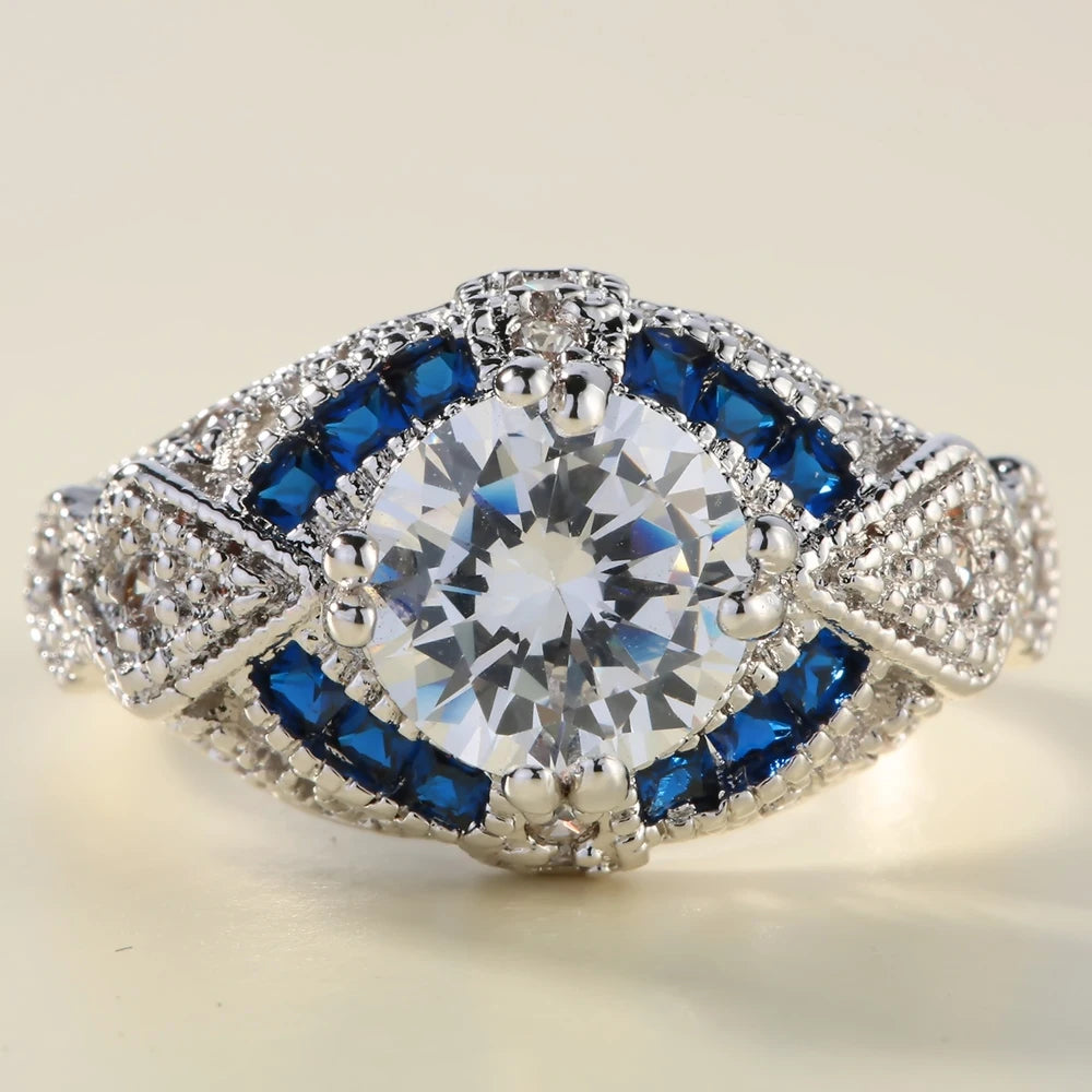 Silver Bridal Set Ring with Micro Zircon Crystals Size 6-10