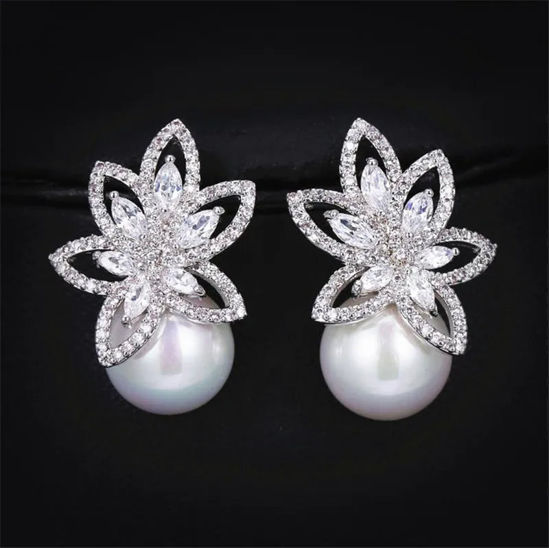 Flower Simulated Pearl Stud Earrings For Women Engagement Wedding