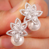 Flower Simulated Pearl Stud Earrings For Women Engagement Wedding
