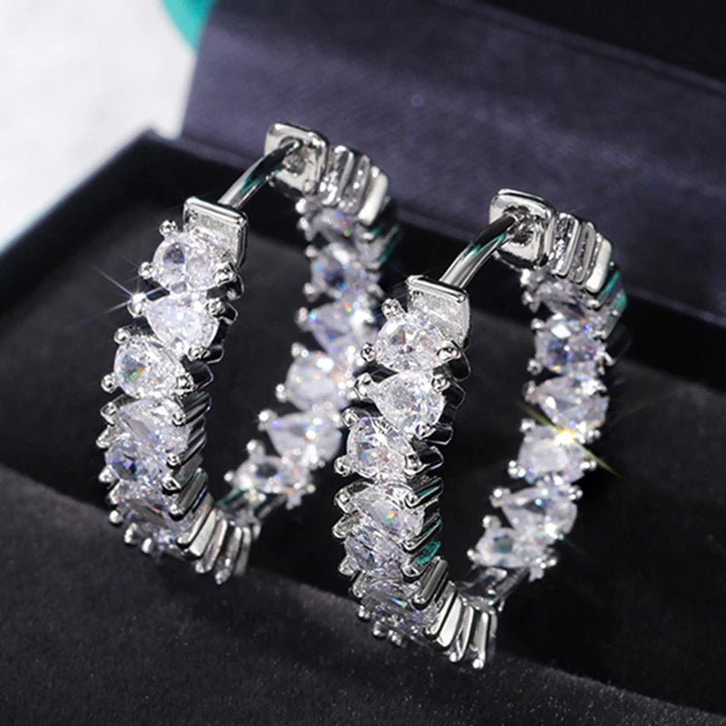Crystal Square Bride Hoop Earrings - Silver Wedding Jewelry
