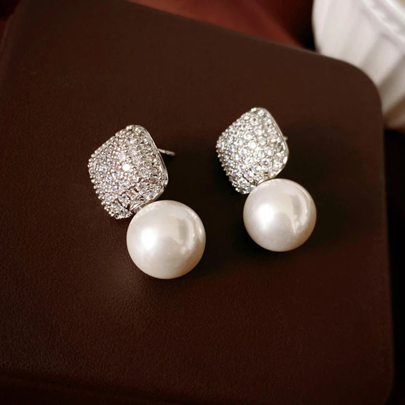 Square Pearl Zirconia Stud Earrings Party Jewelry