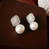 Square Pearl Zirconia Stud Earrings Party Jewelry