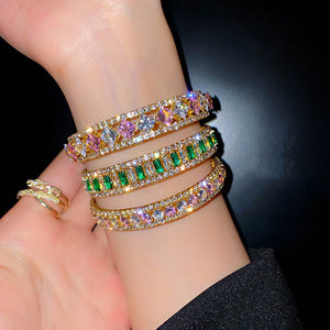 Geometric Zircon Bracelet Bangles Pink Green Crystal Cuff for Women