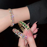 Geometric Zircon Bracelet Bangles Pink Green Crystal Cuff for Women