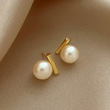 UILZ Gray Pearl Stud Earrings Metal Jewelry