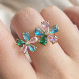 Red Zircon Double Flower Rings for Women Delicate Jewelry Ring