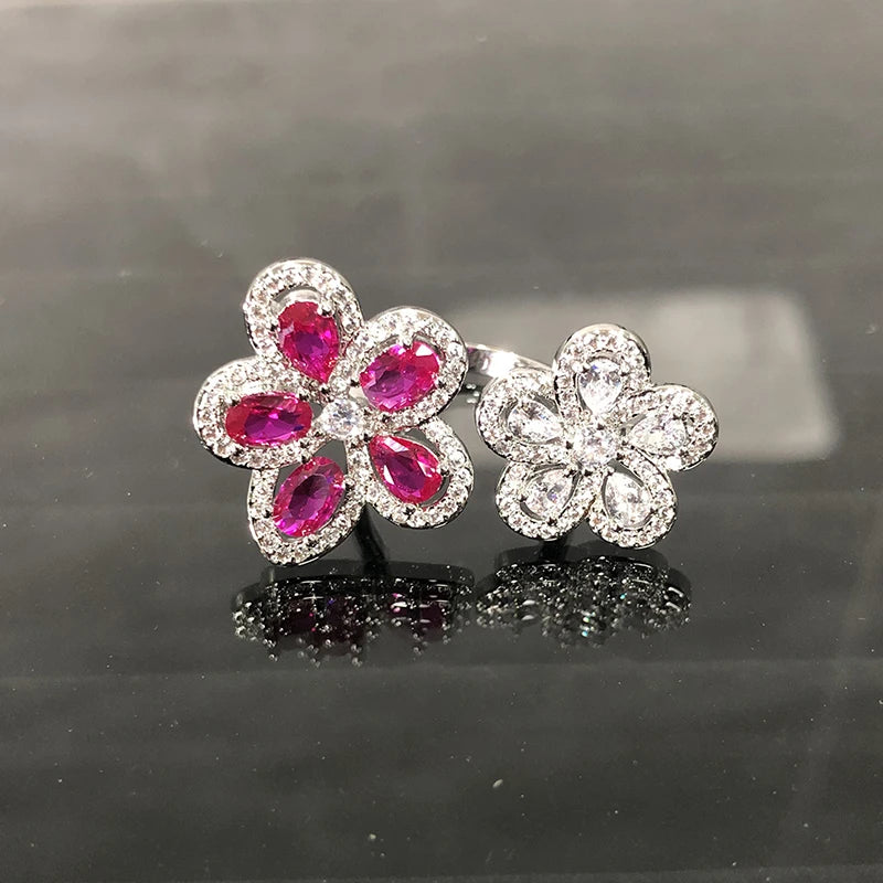 Red Zircon Double Flower Rings for Women Delicate Jewelry Ring