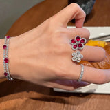 Red Zircon Double Flower Rings for Women Delicate Jewelry Ring