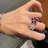 Red Zircon Double Flower Rings for Women Delicate Jewelry Ring