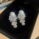 Zircon Leaf Stud Earring Simulated Pearl Wedding Jewelry