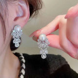 Zircon Leaf Stud Earring Simulated Pearl Wedding Jewelry