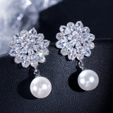 Zircon Leaf Stud Earring Simulated Pearl Wedding Jewelry