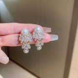 Zircon Leaf Stud Earring Simulated Pearl Wedding Jewelry