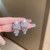 Zircon Leaf Stud Earring Simulated Pearl Wedding Jewelry