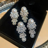 Zircon Leaf Stud Earring Simulated Pearl Wedding Jewelry