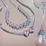 Pink Heart Zircon Choker Necklace Crystal Wedding Party Chain Jewelry