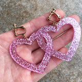 Pink Heart Earrings Glitter Sequin Resin Clip-on Jewelry Gift