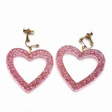 Pink Heart Earrings Glitter Sequin Resin Clip-on Jewelry Gift