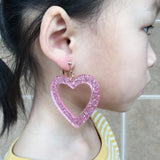 Pink Heart Earrings Glitter Sequin Resin Clip-on Jewelry Gift