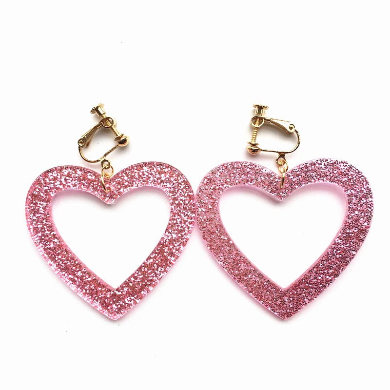 Pink Heart Earrings Glitter Sequin Resin Clip-on Jewelry Gift