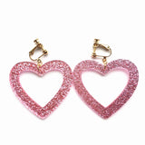 Pink Heart Earrings Glitter Sequin Resin Clip-on Jewelry Gift