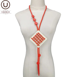 Rubber Jewelry Square Pendant Wood Necklace Long Big Statement