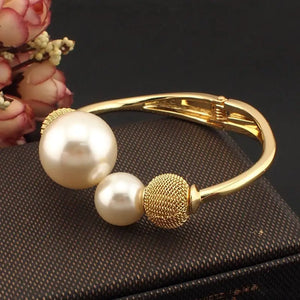 Charming Simulated Pearl Bracelet - Metal Cuff Bangle Statement Jewelry