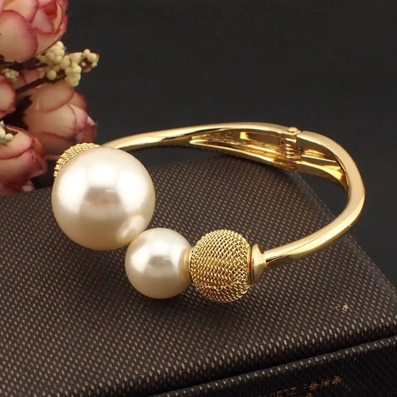 Charming Simulated Pearl Bracelet - Metal Cuff Bangle Statement Jewelry