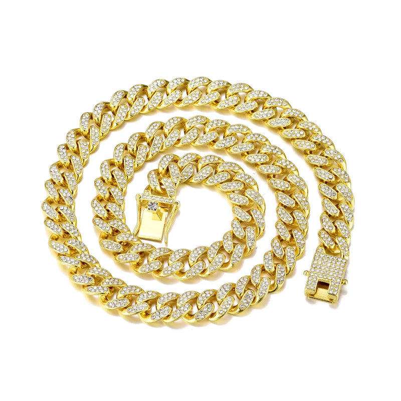 Iced Out 12MM 18k Silver Diamond Cuban Link Chain Necklace