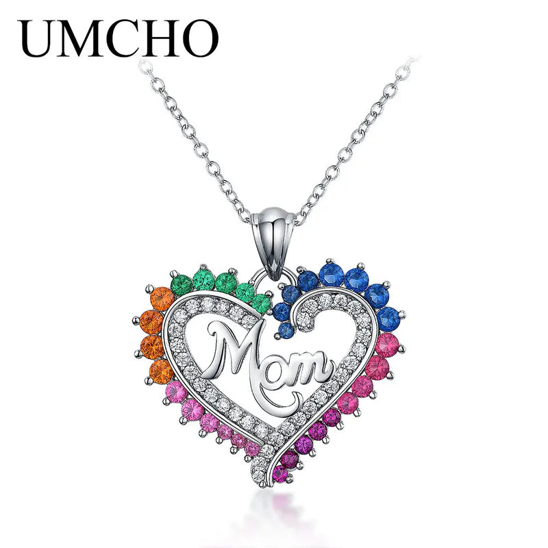 925 Silver Colorful Mom Heart Necklace Sterling Silver Pendant Women Gift