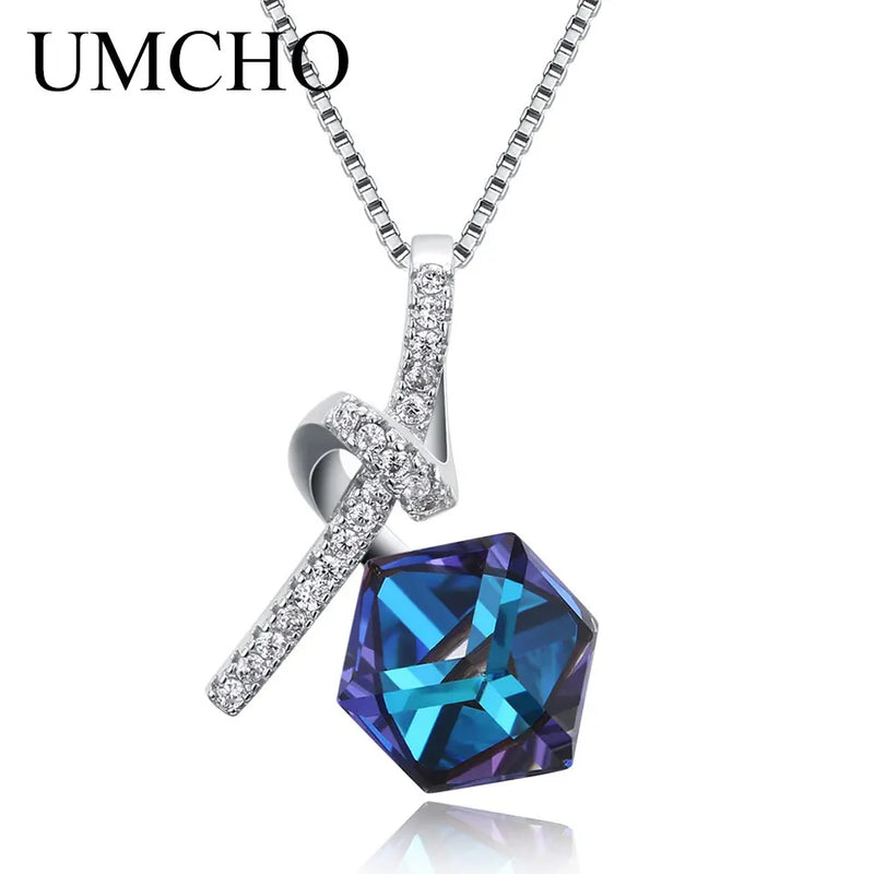 925 Silver Crystal Cube Drop Pendant Necklace Wedding Jewelry