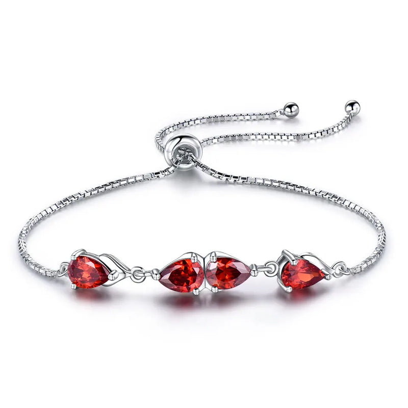 925 Silver Garnet Gemstone Box Chain Bracelet Adjustable Wedding Jewelry Gift