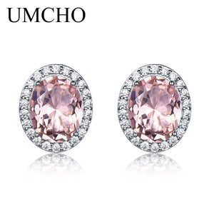 925 Silver Oval Pink Sapphire Stud Earrings Romantic Jewelry