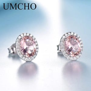 925 Silver Oval Pink Sapphire Stud Earrings Romantic Jewelry
