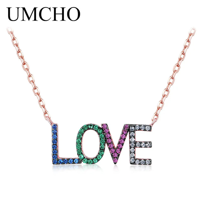 Rainbow LOVE Chain 925 Silver Necklace Anniversary Gift