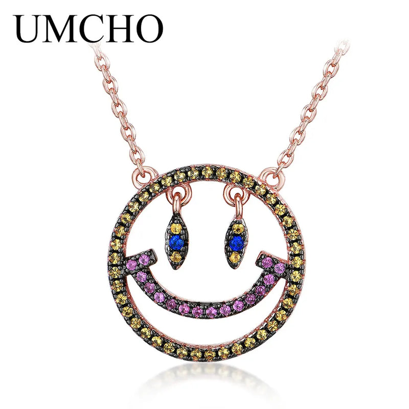 Colorful Rainbow Smiley Face Chain 925 Sterling Silver Necklace Women