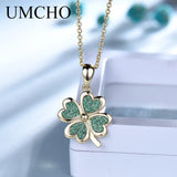 Glitter Green 925 Silver Clover Pendant Necklace For Women