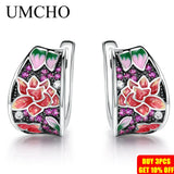 Enamel Red Ruby Clip Earrings Silver 925 Jewelry Wedding Gift