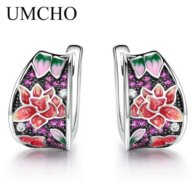 Enamel Red Ruby Clip Earrings Silver 925 Jewelry Wedding Gift
