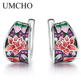 Enamel Red Ruby Clip Earrings Silver 925 Jewelry Wedding Gift