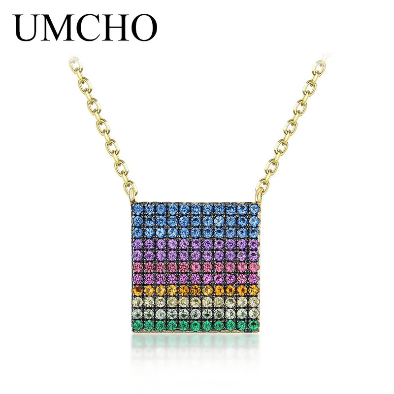 925 Sterling Silver Rainbow Square Necklace for Women