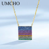 925 Sterling Silver Rainbow Square Necklace for Women