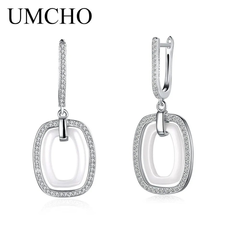 925 Silver Ceramic Zircon Drop Earrings Classic Party Prom Dance