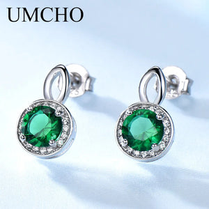 925 Silver Nano Emerald Round Stud Earrings Women Birthday Gift