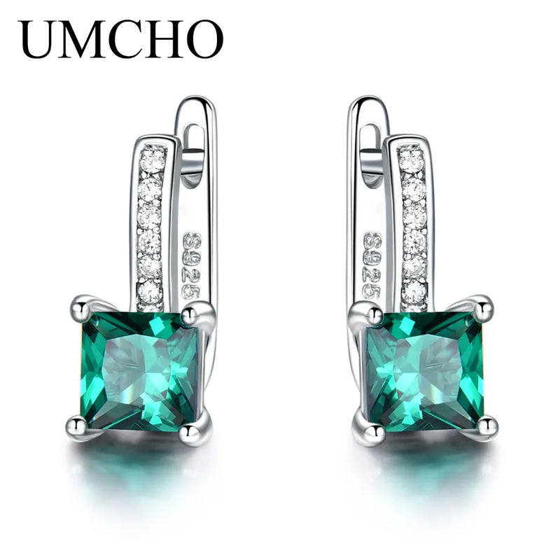 925 Silver Square Created Emerald Clip Earrings Women Birthday Gift